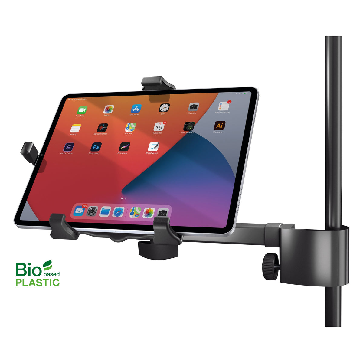 Biobased tablet holder front view gripping a tablet in landscape orientation, clamped to a microphone stand tube, K&M
