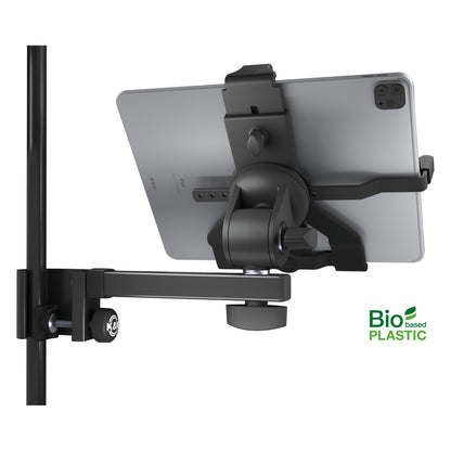 Biobased tablet holder rear view holding a tablet, showing swivel joint, tilt knob and K&M-branded clamp screw on the stand tube, K&M