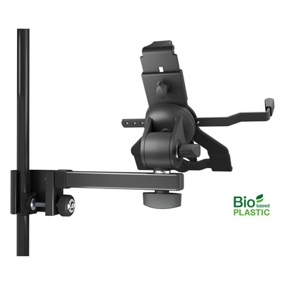 Biobased tablet holder rear view without tablet, showing swivel head, perforated adjustment arm, tilt knob and K&M clamp knob on the stand tube, K&M