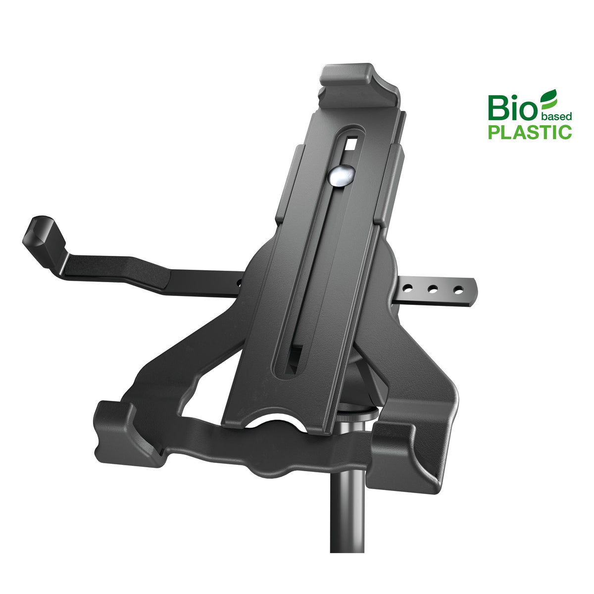 Biobased tablet stand holder front view with slotted center rail, adjustable side arm with perforated bracket and Bio-based Plastic logo, K&M
