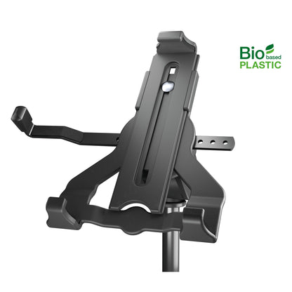 Biobased tablet stand holder front view with slotted center rail, adjustable side arm with perforated bracket and Bio-based Plastic logo, K&M