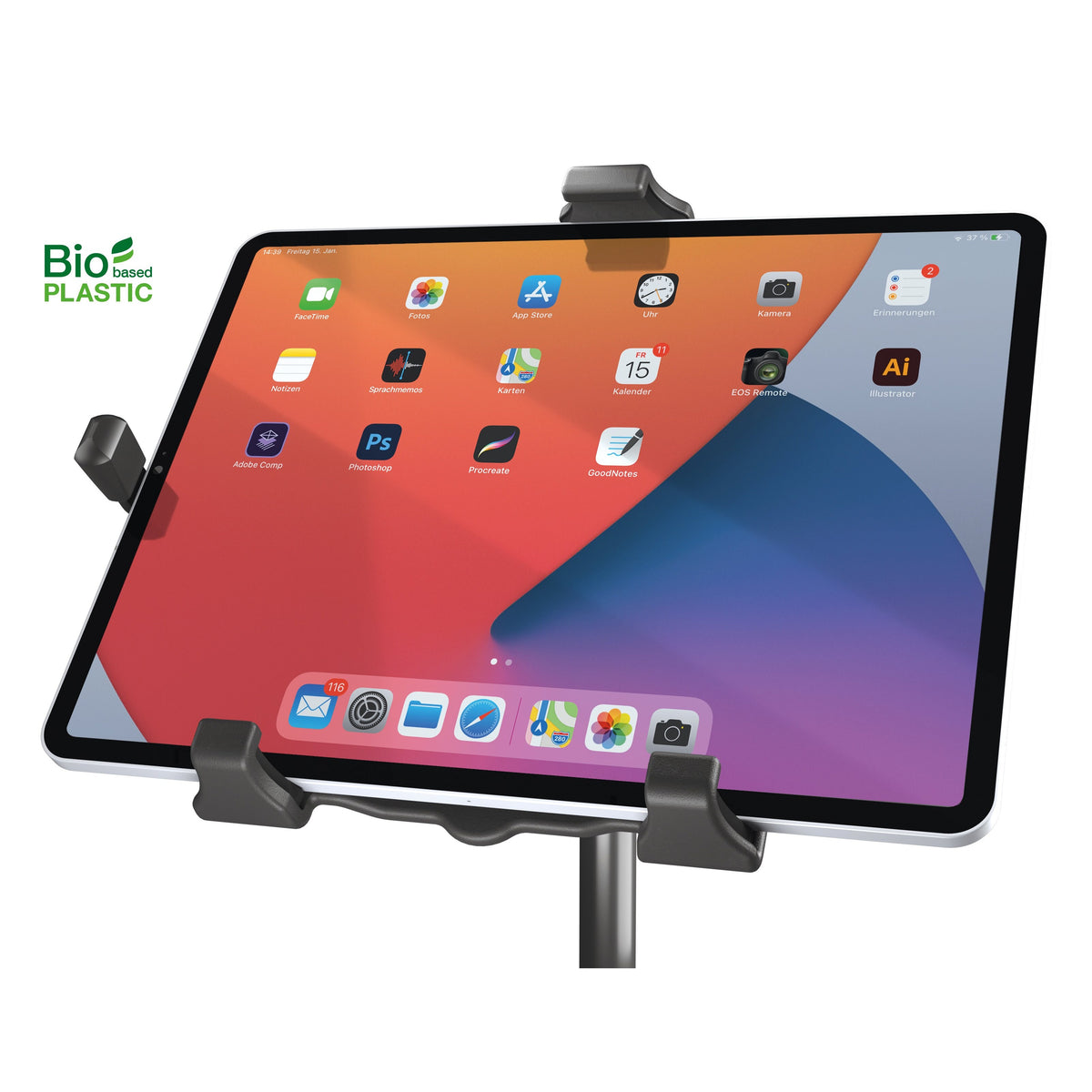 Biobased tablet stand holder front view gripping a tablet in landscape orientation with corner clamps and side arm holding the screen, K&M