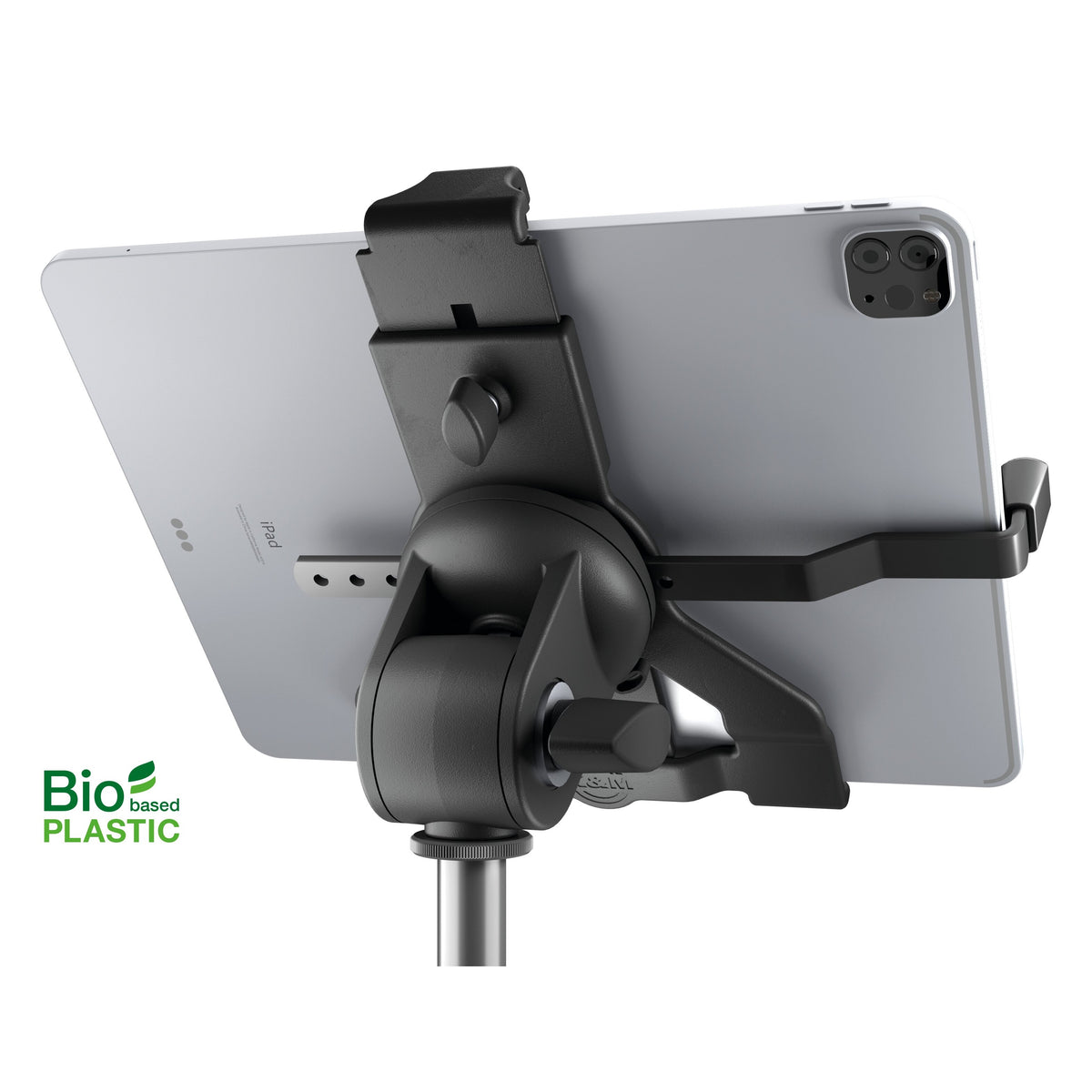 Biobased tablet stand holder rear view with tablet mounted, showing tilt joint, clamping knob and perforated adjustment bracket on the stand tube, K&M