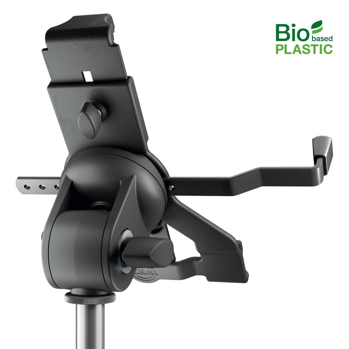 Biobased tablet stand holder rear detail without tablet showing swivel head, locking knobs and perforated bracket on the stand tube, K&M
