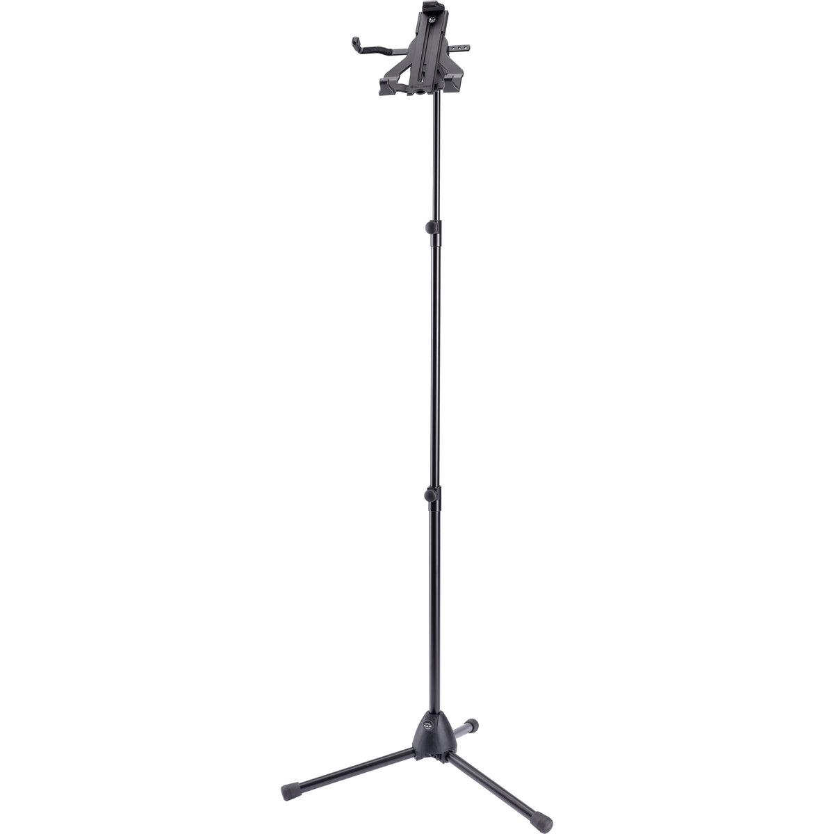 Biobased tablet floor stand full front view with tripod base, two telescoping height clamps and tablet holder on top, K&M