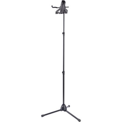 Biobased tablet floor stand full front view with tripod base, two telescoping height clamps and tablet holder on top, K&M