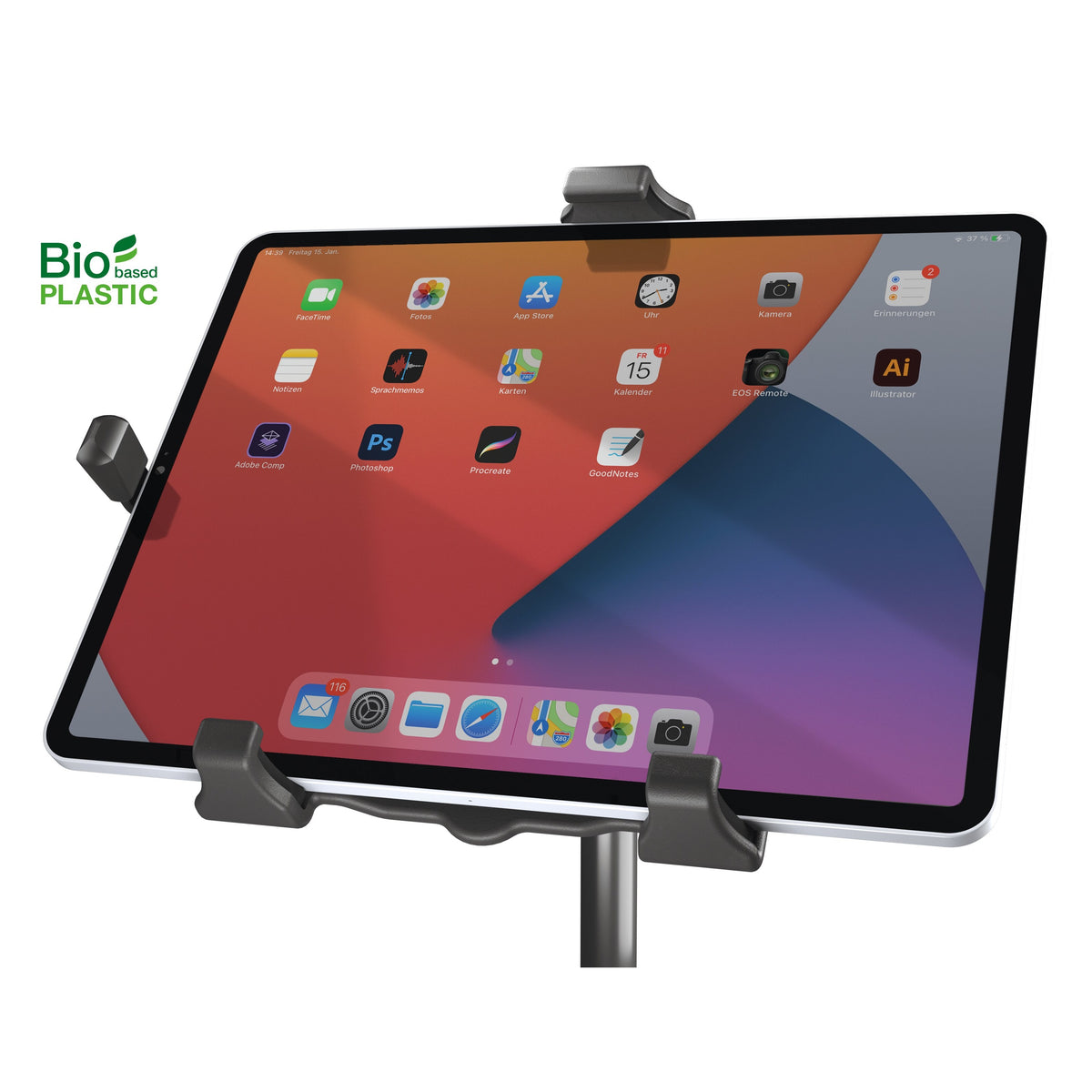 Biobased tablet floor stand holder gripping a landscape tablet with the grey clamp arms and Bio-based Plastic logo visible, K&M