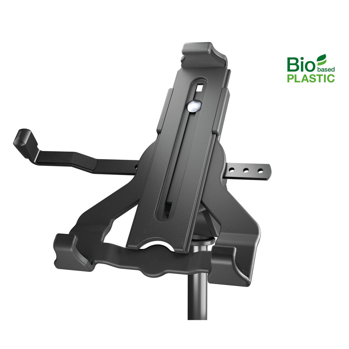 Tablet holder front view without tablet showing slotted back plate, extendable arm with perforated bar and Bio-based Plastic logo, K&M