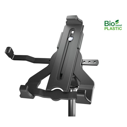 Tablet holder front view without tablet showing slotted back plate, extendable arm with perforated bar and Bio-based Plastic logo, K&M