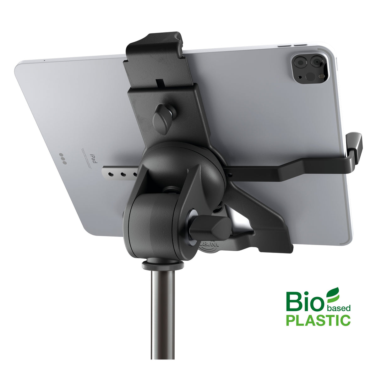 Tablet holder rear view with tablet mounted, showing tilt head, locking knobs and extendable gripping arm on the stand tube, K&M