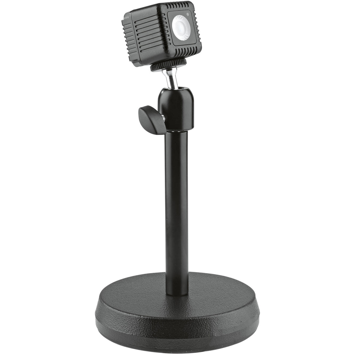 KM 19781.100.55 tabletop camera stand in use with LED panel light mounted on tilt head, K&M
