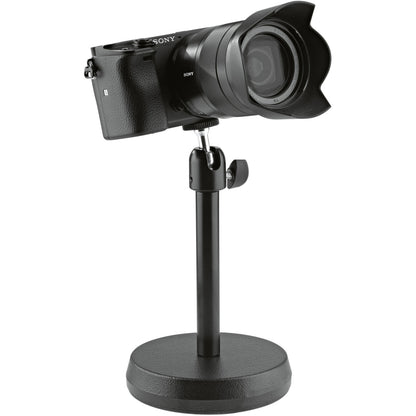 KM 19781.100.55 desktop stand holding a mirrorless camera with lens hood on the 1/4-inch tilting head, K&M