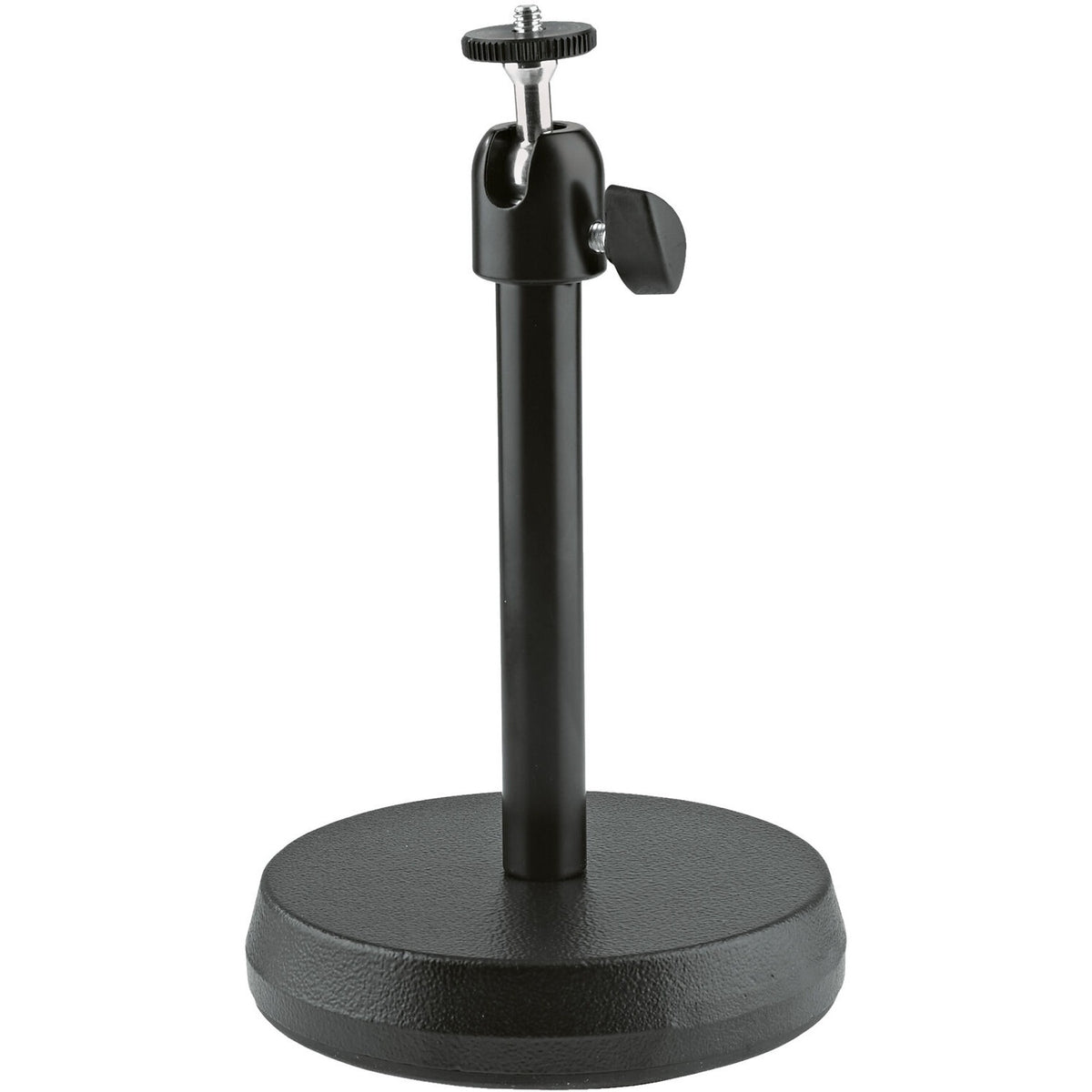 KM 19781.100.55 tabletop stand front view showing cast iron round base, black tube and thumbscrew tilt head, K&M