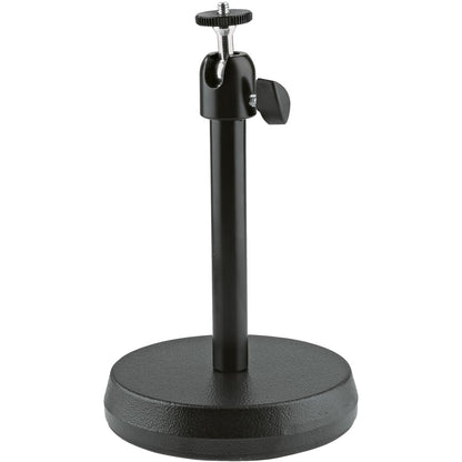KM 19781.100.55 tabletop stand front view showing cast iron round base, black tube and thumbscrew tilt head, K&M