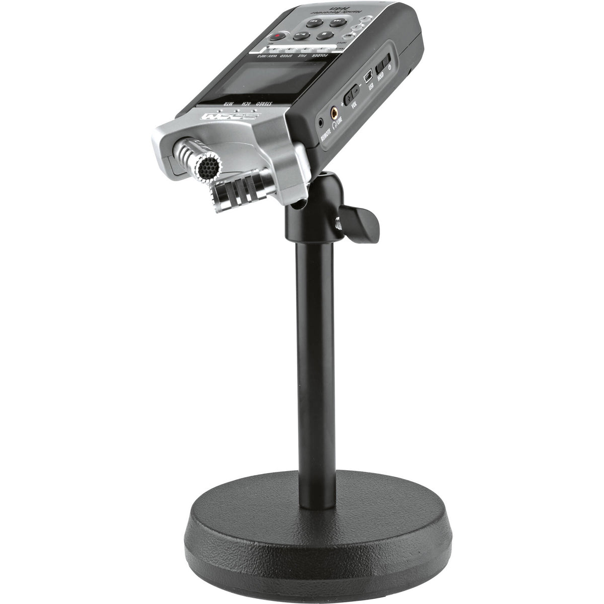 KM 19781.100.55 table stand angled view with handheld field recorder tilted on the adjustable head, K&M