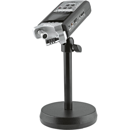 KM 19781.100.55 table stand angled view with handheld field recorder tilted on the adjustable head, K&M