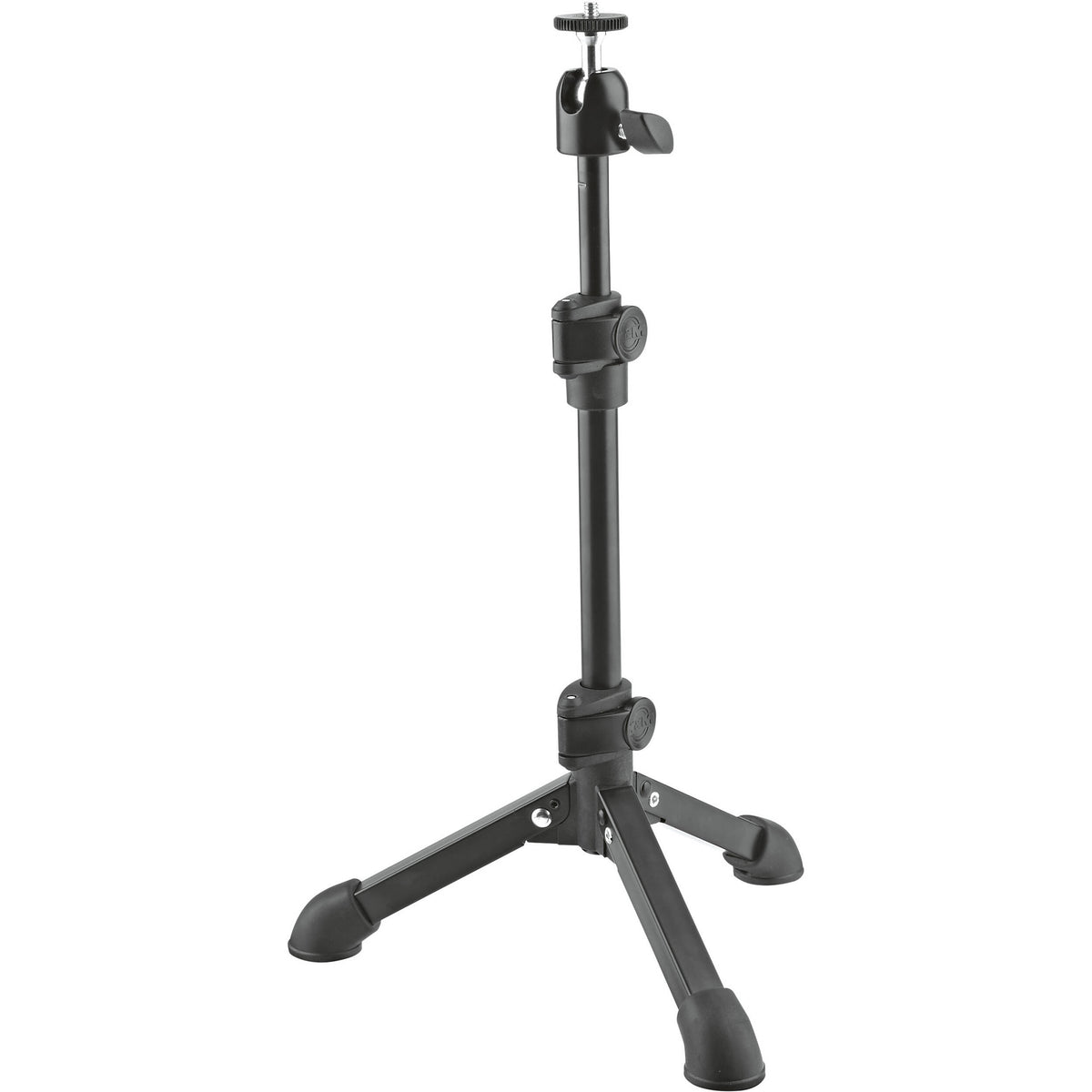 KM 19782.100.55 tabletop tripod stand front view with 1/4-inch camera thread tilting head and rubber-tipped folding legs, K&M