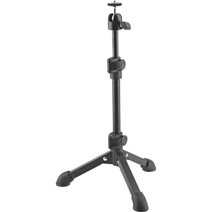KM 19782.100.55 tabletop tripod stand front view with 1/4-inch camera thread tilting head and rubber-tipped folding legs, K&M