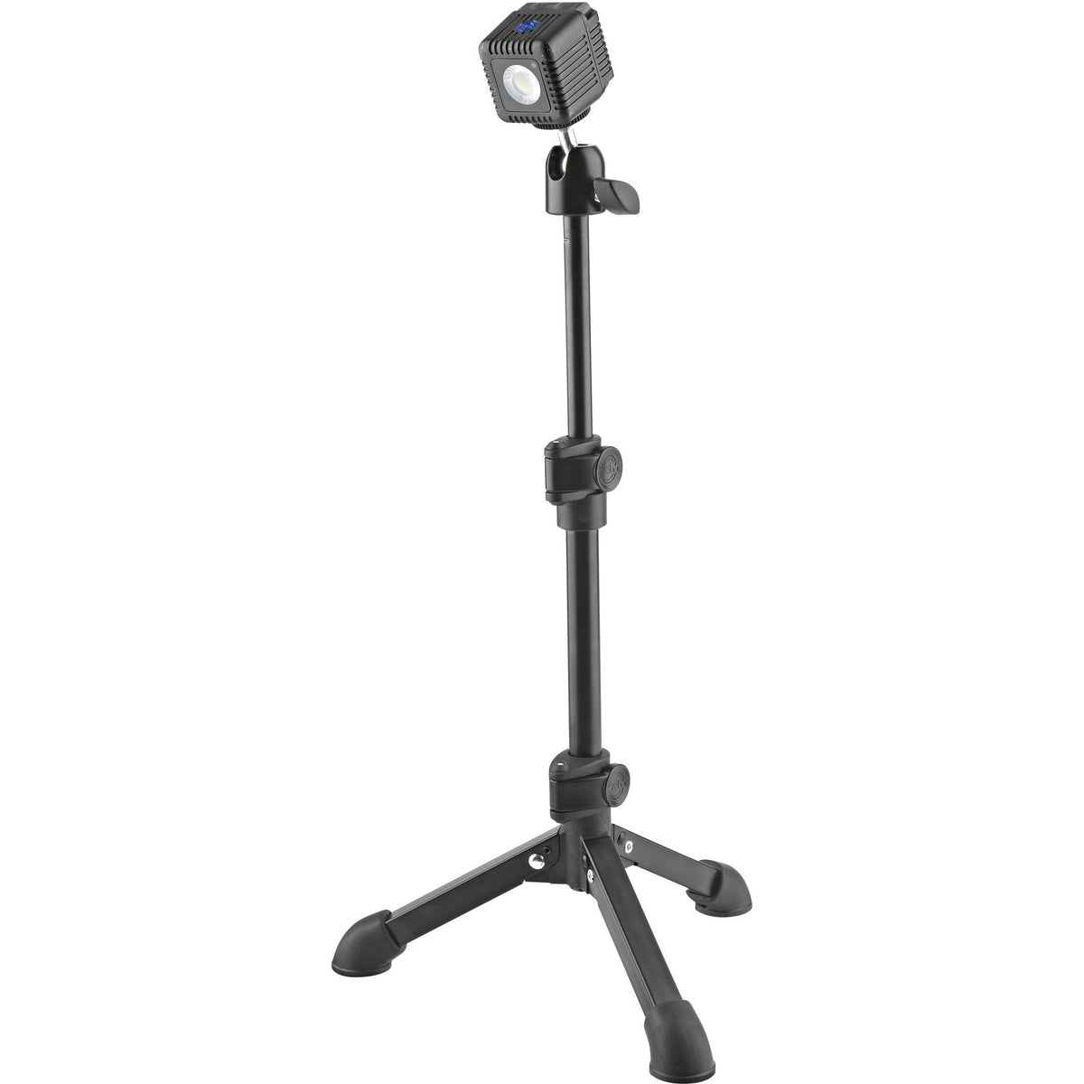 KM 19782.100.55 tabletop stand in use holding a compact LED light on the tilt head, K&M