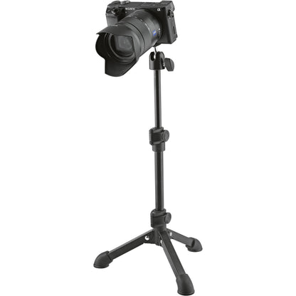 KM 19782.100.55 tabletop tripod supporting a mirrorless camera with zoom lens on the 1/4-inch thread, K&M