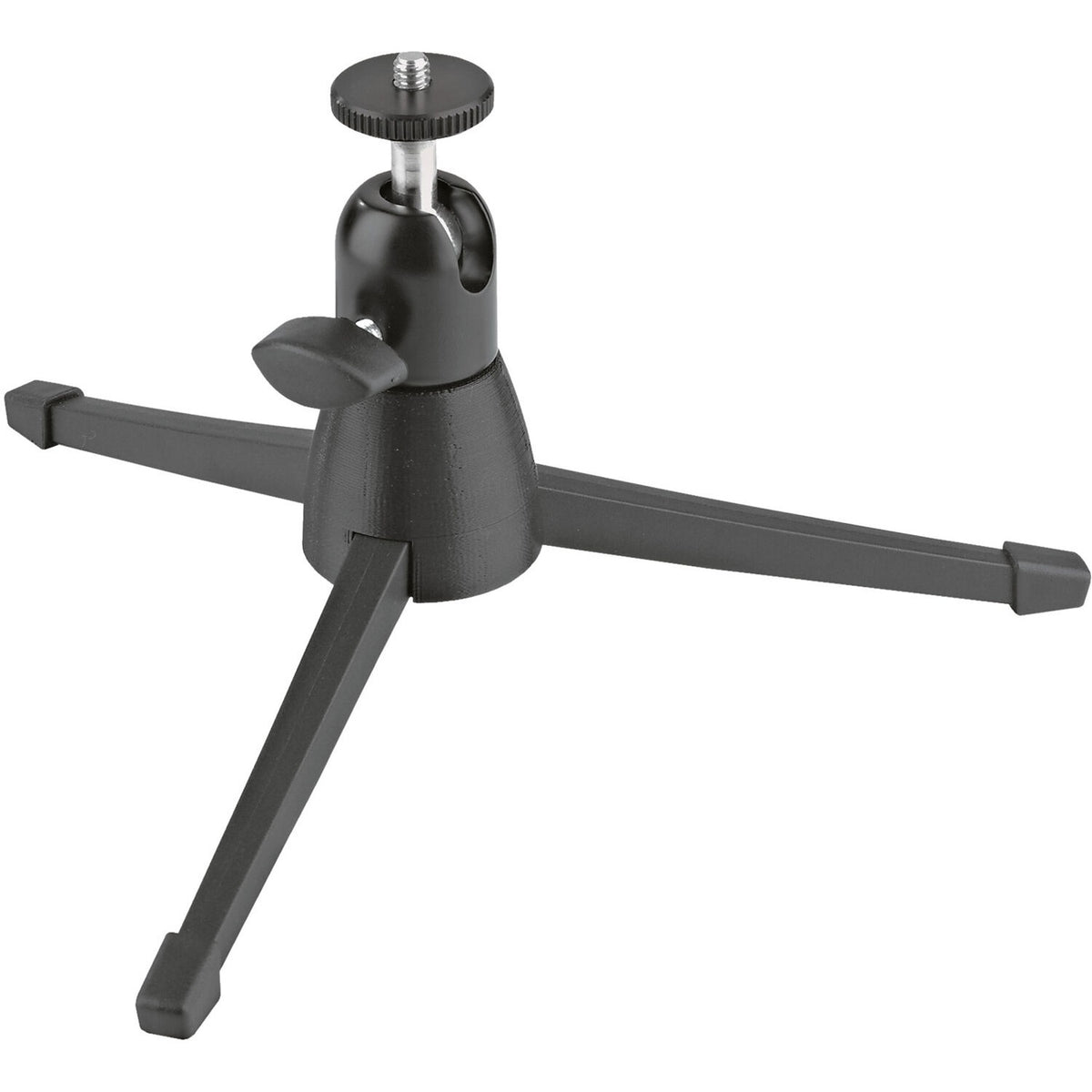 KM 19783.100.55 tabletop tripod stand angled view showing ball head with 1/4-inch knurled mounting screw and folding legs, K&M