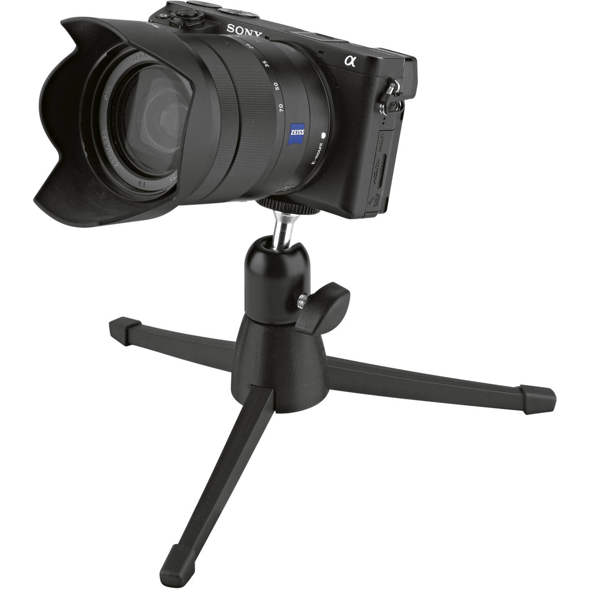 KM 19783.100.55 desktop tripod set up with Sony Alpha camera mounted, wing-nut ball head tilt lock visible, K&M