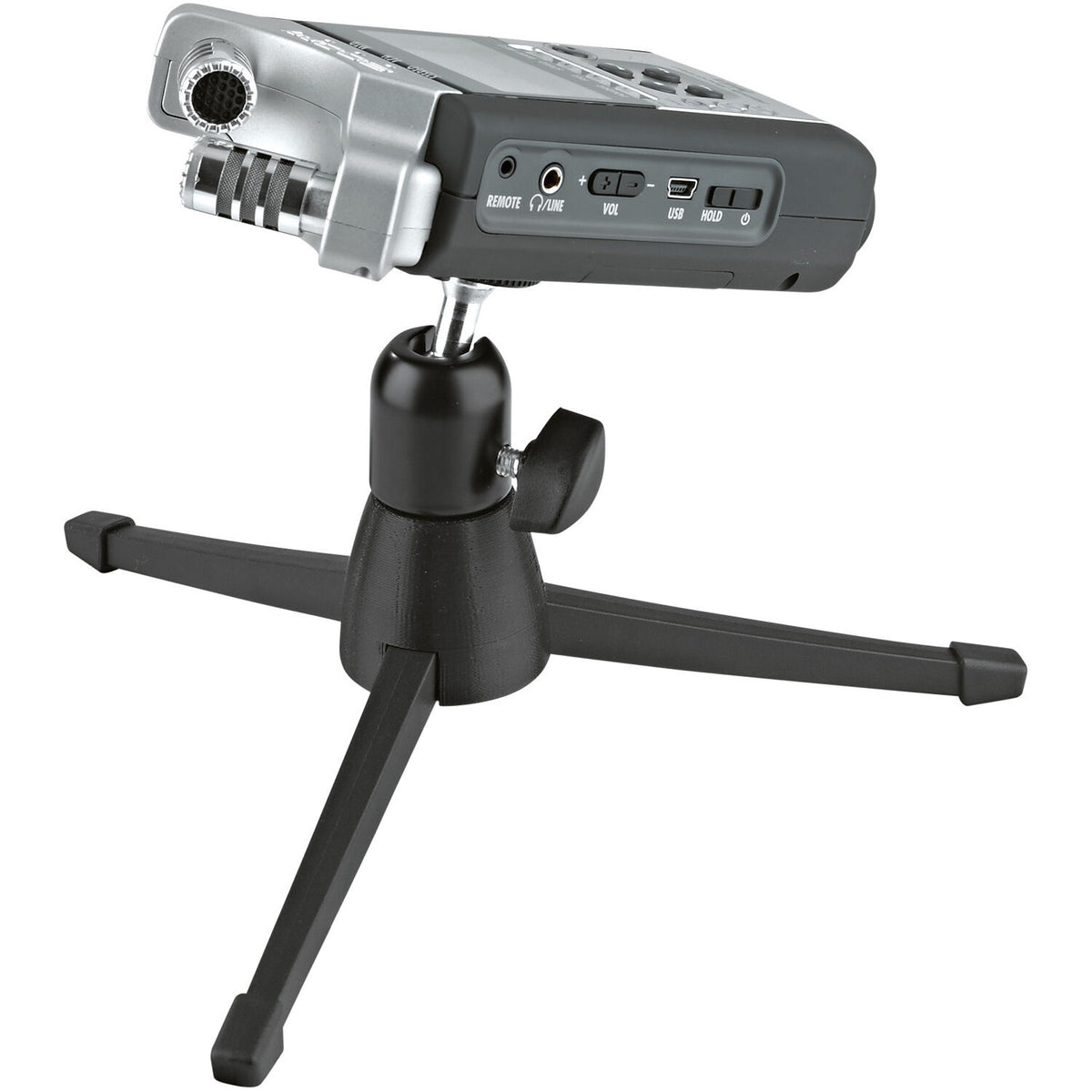 KM 19783.100.55 tabletop tripod supporting a handheld field recorder, showing ball head clamp and three splayed legs, K&M