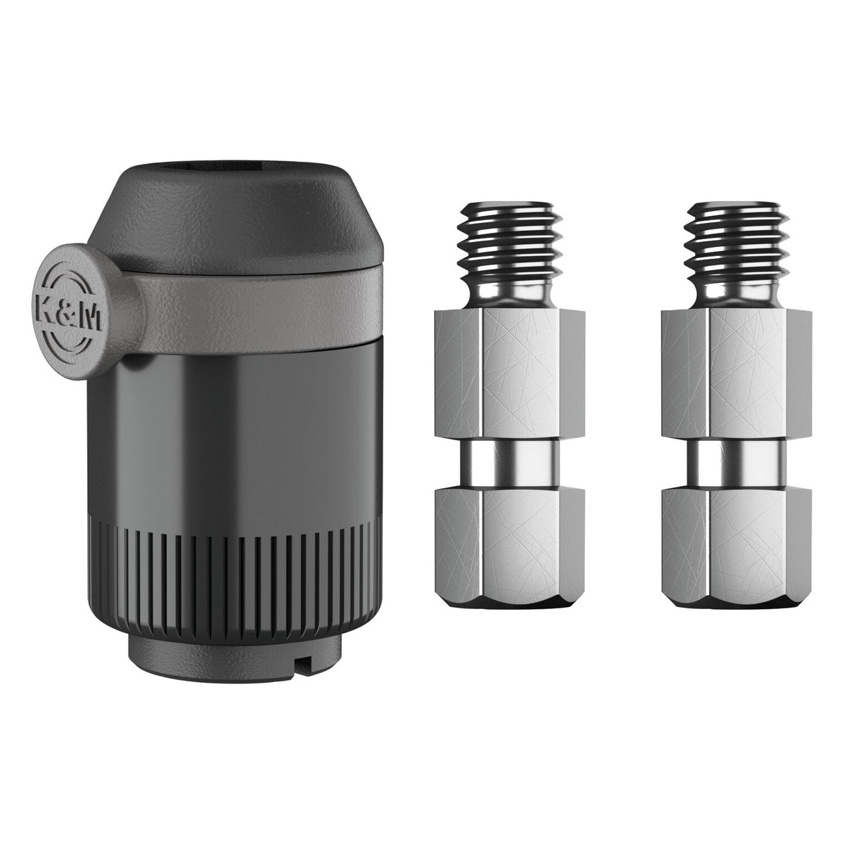23900 quick-release microphone adapter product shot showing black adapter body with K&M logo latch and two threaded chrome stud connectors, K&M