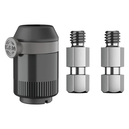 23900 quick-release microphone adapter product shot showing black adapter body with K&M logo latch and two threaded chrome stud connectors, K&M