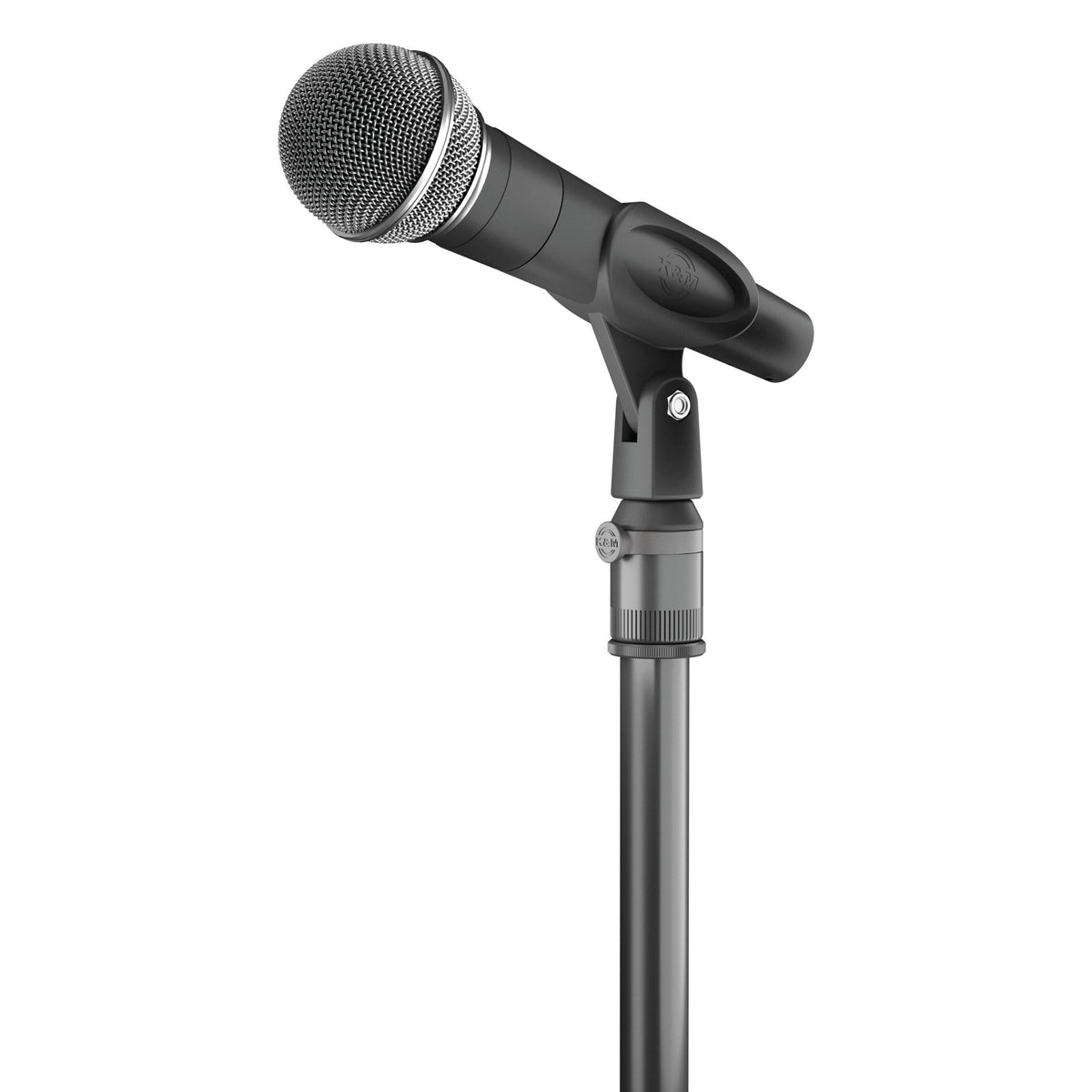 23900 quick-release microphone adapter in use, fitted on top of a mic stand tube with a handheld microphone and clip mounted, K&M