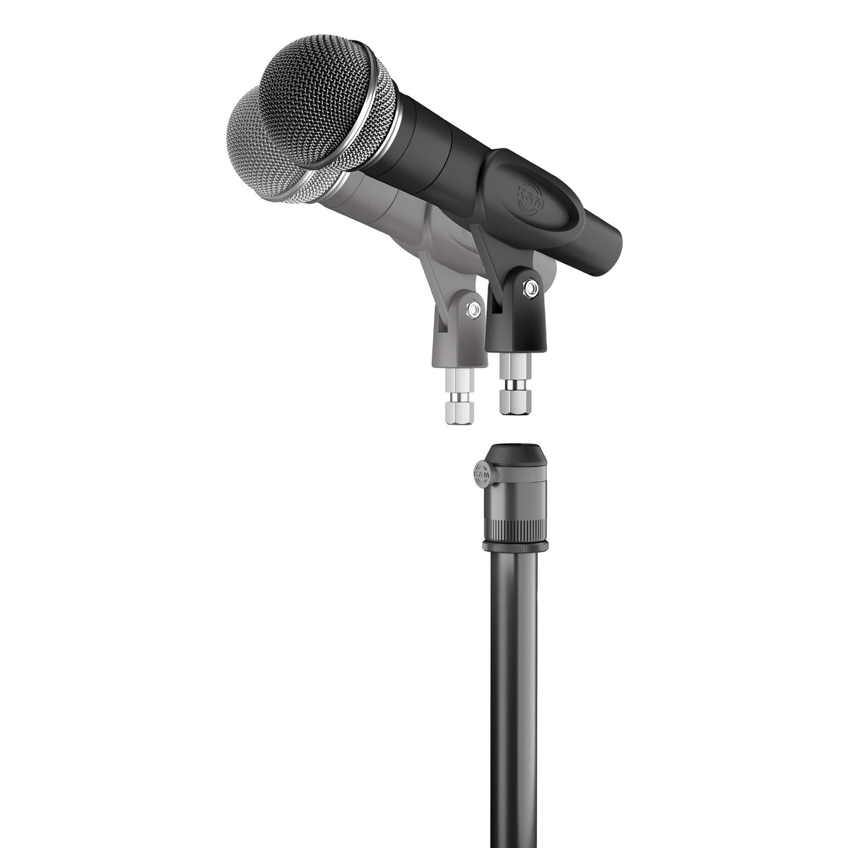 23900 quick-release microphone adapter detail showing handheld microphone and clip with threaded studs lifted off the stand-mounted adapter, K&M