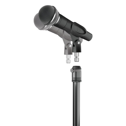23900 quick-release microphone adapter detail showing handheld microphone and clip with threaded studs lifted off the stand-mounted adapter, K&M