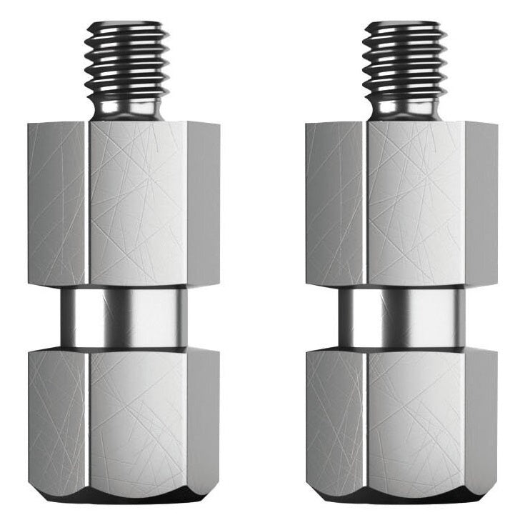 23903 threaded bolt pair front view showing two zinc-plated steel 1/4" bolts with hex shoulders and threaded tips, K&M