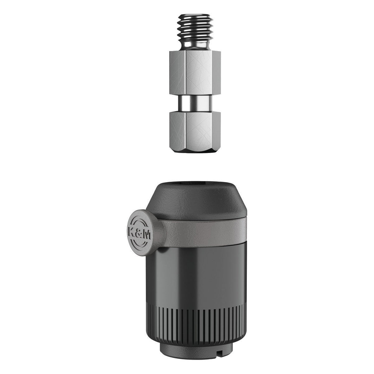 23903 threaded bolt detail shown above a dark quick release adapter with K&M logo release knob, illustrating how the bolt fits, K&M