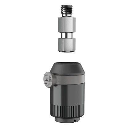 23903 threaded bolt detail shown above a dark quick release adapter with K&M logo release knob, illustrating how the bolt fits, K&M