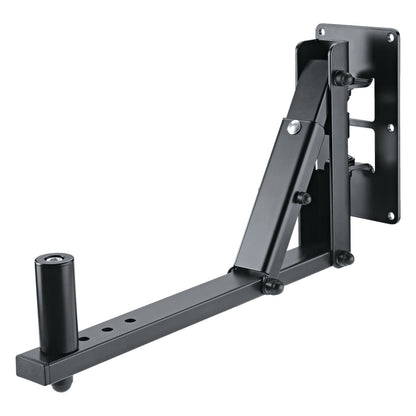 24173 steel speaker wall mount bracket three-quarter view showing black wall plate, angled support strut and speaker mounting pin on perforated arm, K&M