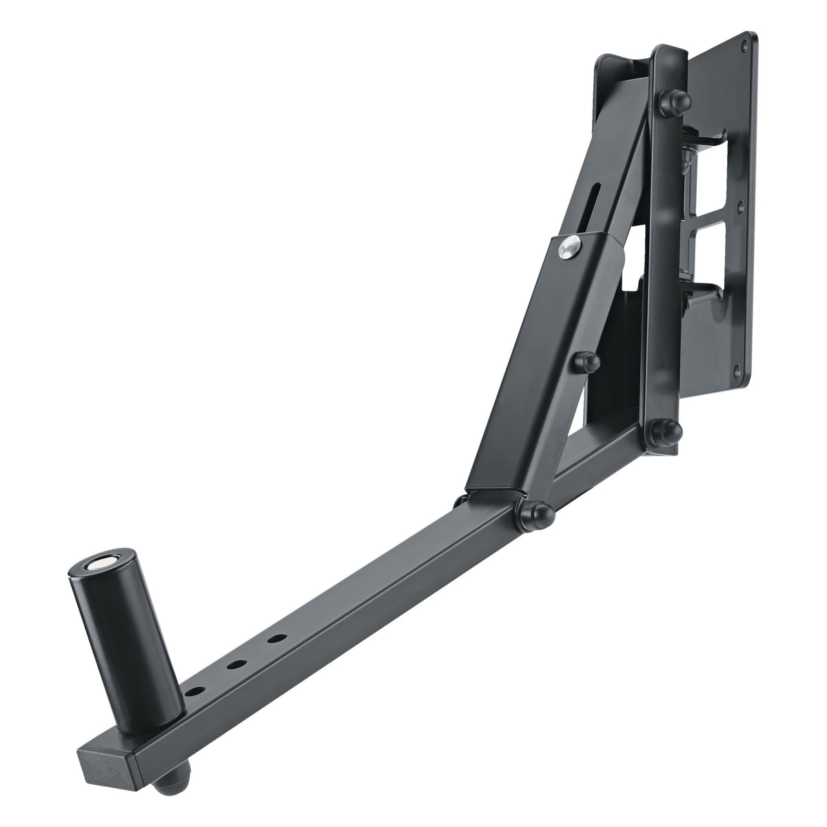 24173 steel speaker wall mount bracket side-angle view showing adjustable tilt strut, pivot bolts and mounting holes along the arm, K&M