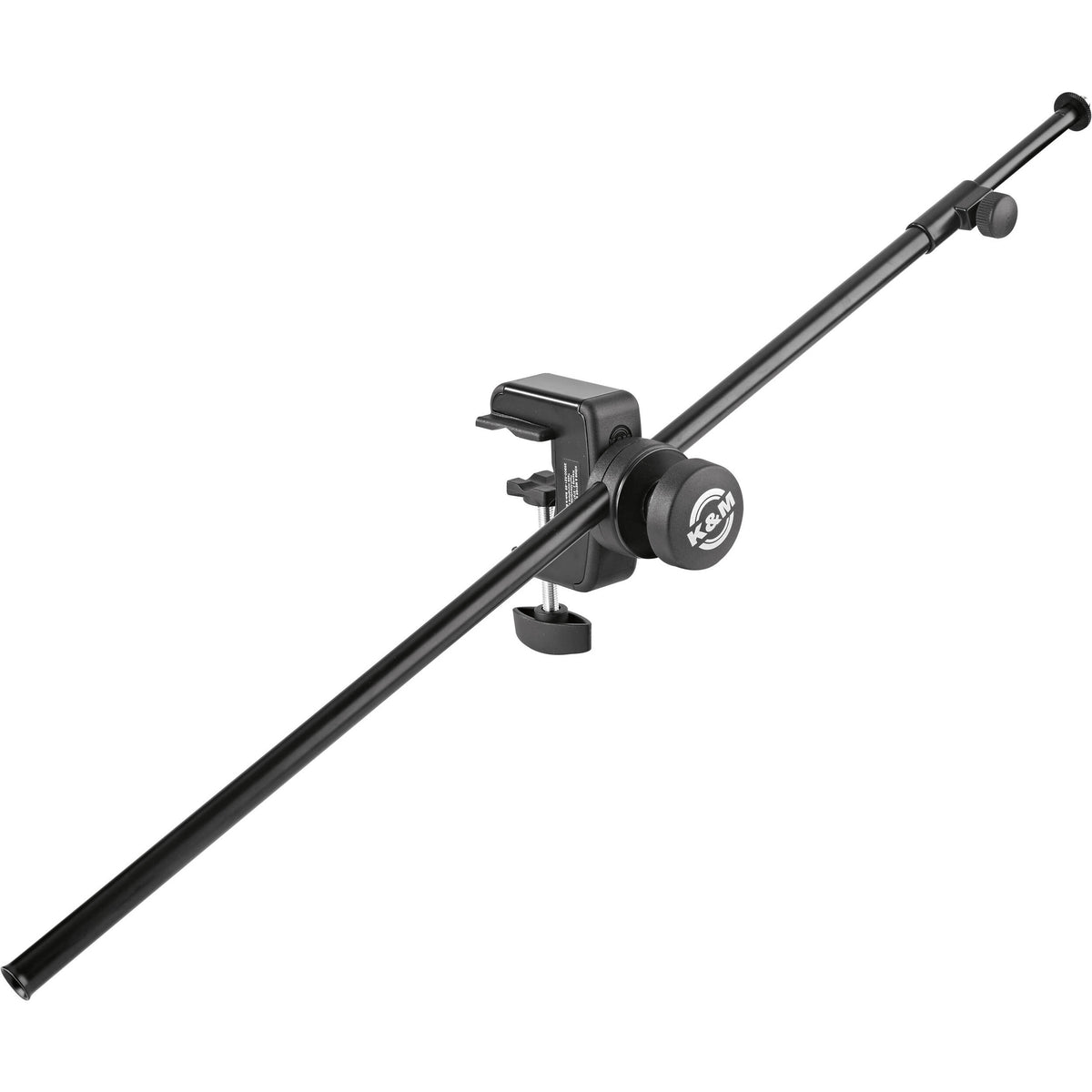 25800.521.55 table microphone clamp stand angled view showing black telescoping boom arm, K&M-branded swivel knob and screw-down table clamp, K&M