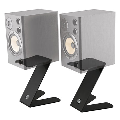 26773 Z-stand table monitor stands with ghosted speaker overlay showing speaker placement on the top plate, K&M
