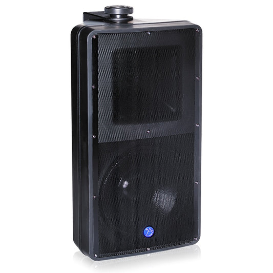 AtlasIED SM82TUC-B black 8" all weather speaker, angled front view with perforated grille and top bracket