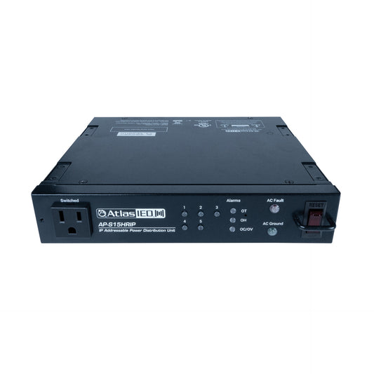 AtlasIED AP-S15HRIP half-rack power distribution unit front panel with switched outlet, status LEDs and reset breaker
