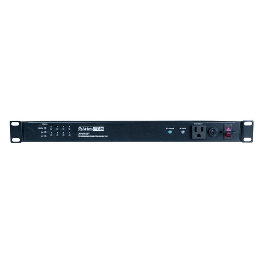 AtlasIED AP-S15IP rack power distribution unit front panel with alarm LEDs, unswitched outlet, and breaker switch