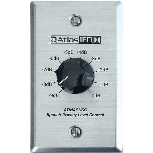 AtlasIED ATMASKSC stainless wall plate attenuator front with stepped knob marked 0dB to -9dB