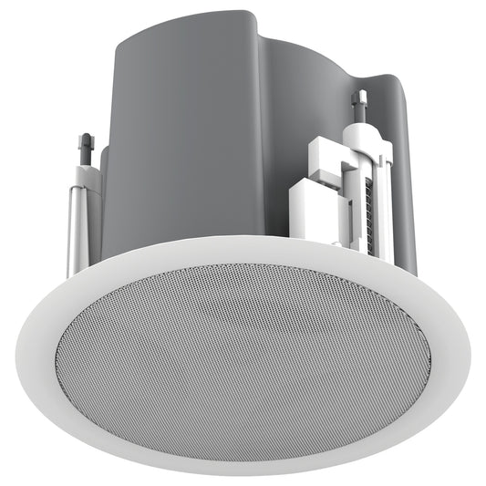 AtlasIED FAP43TUC-W in-ceiling speaker with white round grille, back can and press-fit tabs visible
