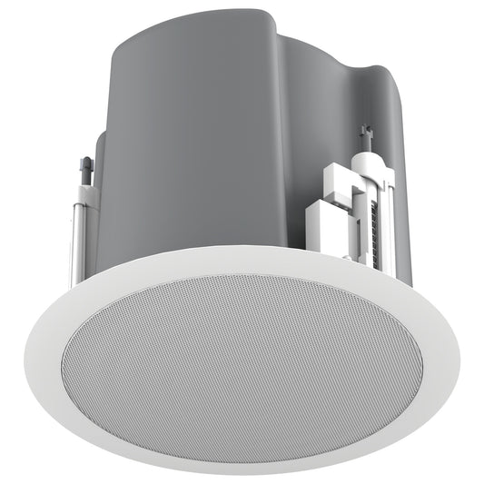 AtlasIED FAP63TUC-W in-ceiling speaker with white round grille, gray back can and press-fit tabs
