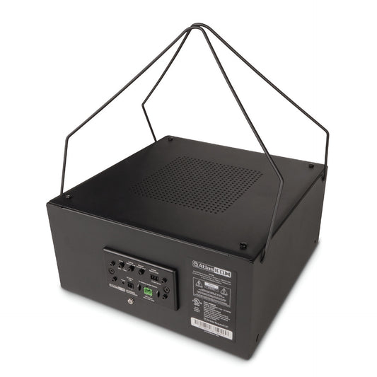 AtlasIED M1000A35 sound masking speaker angled view showing perforated top, control panel, and wire hangers