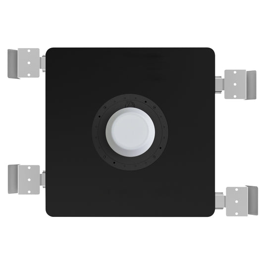 AtlasIED SHS-6T2CVR front view of black square tile baffle with centered white dome and mounting brackets