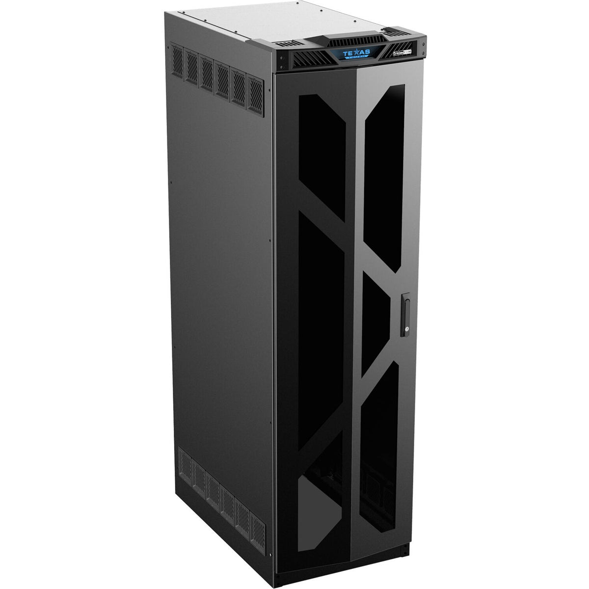 TT40-35P Texas Tough 40 RU equipment rack front three-quarter view with angled acrylic door panels, lock handle and vented side panels, AtlasIED