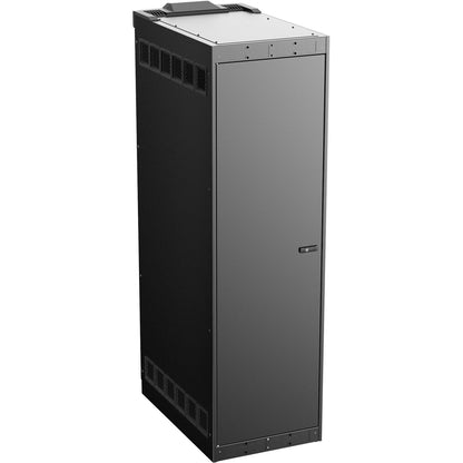 TT40-35P Texas Tough 40 RU equipment rack rear three-quarter view with solid black rear door, lock handle and vented side panels, AtlasIED