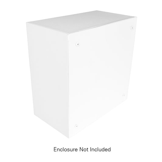 AtlasIED IP-HVP-CVR cover plate installed on a white IP-HVP enclosure, angled view, enclosure not included